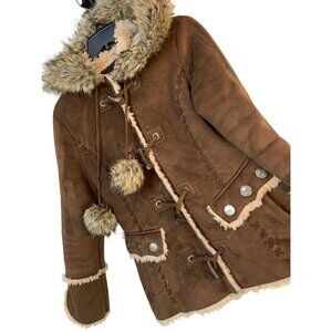VTG Y2K Brown Esprit Faux Fur Sherpa Lined Coat Zip and Toggle Buttons RG10722
